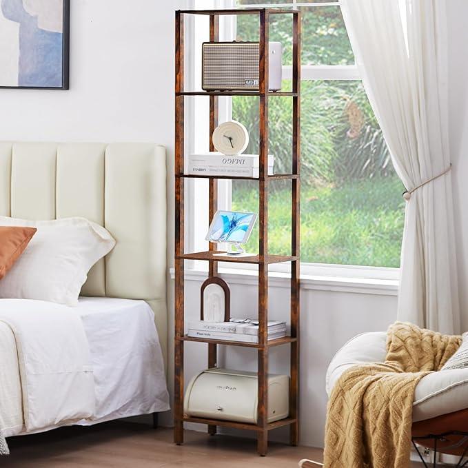 66in Tall Bookshelf 6-Tier Small Narrow Bookcase, Skinny Book Shelf for Small Space, Farmhouse Slim Shelf with Storage, Wood Freestanding Display Thin Bookshelves for Living Room, Office, Brown - ModernBath