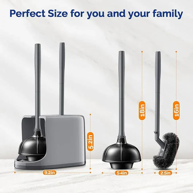 HAMITOR Toilet Plunger and Brush Set for Bathroom Cleaning with Extented Handle - Heavy Duty Toilet Plunger Combo Accessories with Caddy Stand Holder for Small Space - Gray - ModernBath