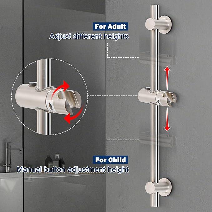 NearMoon Shower Slide Bar with Height/Angle Adjustable Handheld Shower Holder, Bathroom SUS 304 Stainless Steel Shower Head Holder for Bath (Adhesive, Brushed Nickel) - ModernBath