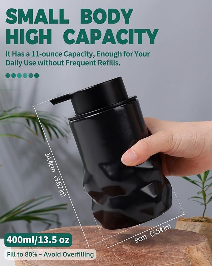 BosilunLife Hand Soap Dispenser - Foam Soap Dispenser Bathroom Ceramic Dish Liquid Soap Dispenser for Kitchen, Bathroom Countertop Soap Dispensers (Black-Foam-Sculpt) - ModernBath