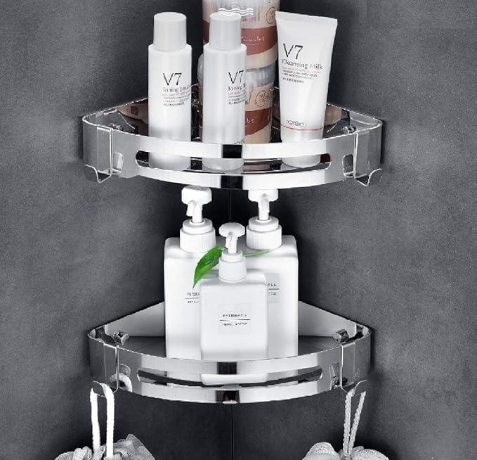 NearMoon Bathroom Shower Caddy 2 Pack, No Drill 304 Stainless Steel Shower Organizer with 2 Hooks (Corner Shelf, Chrome) - ModernBath