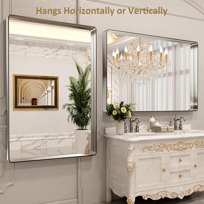 LOAAO 60X40 Inch Brushed Nickel Bathroom Mirror, Rounded Rectangle Silver Metal Frame Mirror, Brushed Nickel, Anti-Rust, Shatter Proof, Hangs Horizontally or Vertically - ModernBath