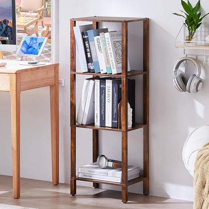 4 Tier Tall Wooden Bookshelf with Storage - Small Bookcase for Small Spaces, Shelf for Living Room, Office, Bedroom, Kitchen - Industrial Retro Brown Book Shelf - ModernBath