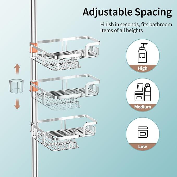 KEGII Shower Caddy Tension Pole – Corner Rustproof Bathroom Organizer with Soap Holder & Hooks, No-Drill Adjustable Shower Shelf for Renters for Families & Renters, 25-114.2 Inch, Silver - ModernBath