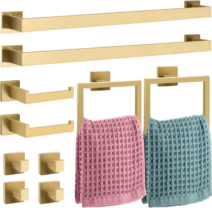Gisafai 10 Pcs Gold Bathroom Hardware Accessories Set 23.6 Inch Bath Towel Bar Kit Stainless Steel Bathroom Hardware Set Towel Racks Ring Robe Hooks Paper Holder for Wall Mounted - ModernBath