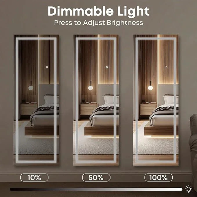 Kosmonia 65x22 Frameless Full Length Mirror, Dimmable 3 Color LED Light w/Memory Function, Distortion Free, HD Reflection & Anti Desilvering, Tempered Glass & Shatter Proof Film Doubling Safety - ModernBath