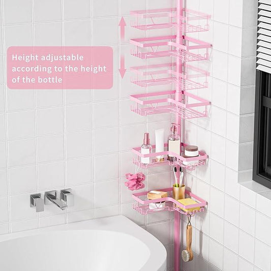 KEGII Shower Caddy Tension Pole, 4-Tier Rustproof Adjustable Corner Bathroom Organizer for Renters, 25–114.2 Inch No Drill Space-Saving Shower Storage Rack, Pink - ModernBath