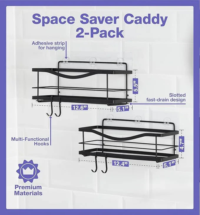 KINCMAX Premium Shower Caddy, Self Adhesive Shower Organizer w/ 4 Hooks, No Drill Shelves for Inside Shower, Rustproof Stainless Steel Shower Rack for Bathroom, Matte Black - ModernBath