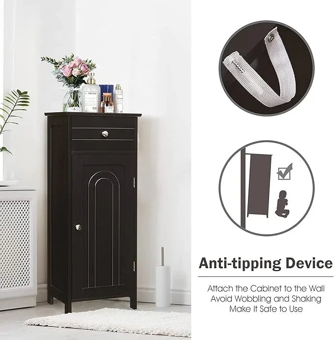 HAPPYGRILL Bathroom Floor Cabinet, Single Door Floor Storage Cabinet Organizer with Drawer and 3-Level Adjustable Shelves, Bathroom Cabinets Freestanding with Anti-Tipping Device for Living Room - ModernBath