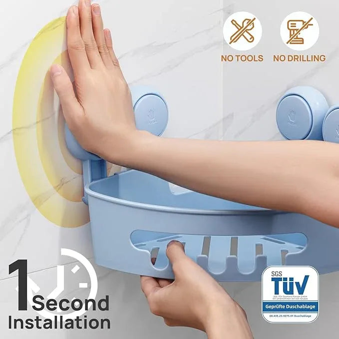 LEVERLOC Powerful Suction Bathroom Shower Shelf, Waterproof and Rustproof Organizer for Bathroom Storage and Kitchen, No-Drilling Removable, Blue - ModernBath
