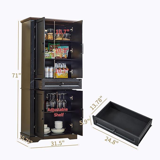 71" Black Tall Pantry Cabinet with Drawer and Adjustable Shelves, Modern Storage Cabinet with Doors, Kitchen Buffet Cabinet, Food Pantry Storage Cabinet, Coffee Bar, Living Room and Dining Room - ModernBath