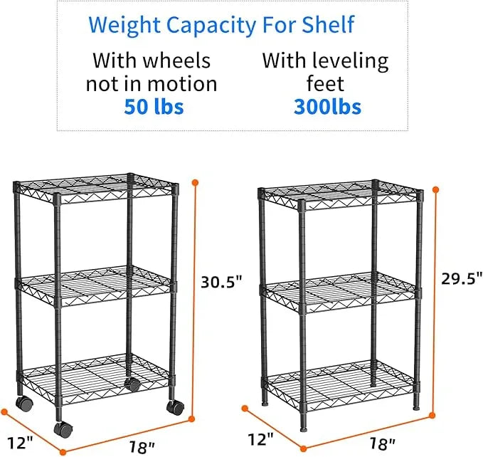 Small 3 Tier Shelves Storage Wire Shelving Unit Metal Shelf Adjustable Organizers Storage Shelving with Wheels for Bathroom Laundry Room Kitchen Pantry12”D x 18”W x 30.7”H Black - ModernBath