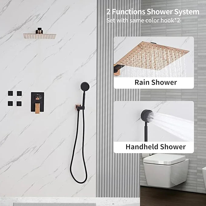 RTTWYYUU Black Gold Rainfall Shower Head, Wall Mounted 8 Inch Shower Heads with Handheld Spray Combo, Luxury Bathroom Square Rain Shower System, Solid Brass Pressure Balancd Shower Faucet Valve - ModernBath