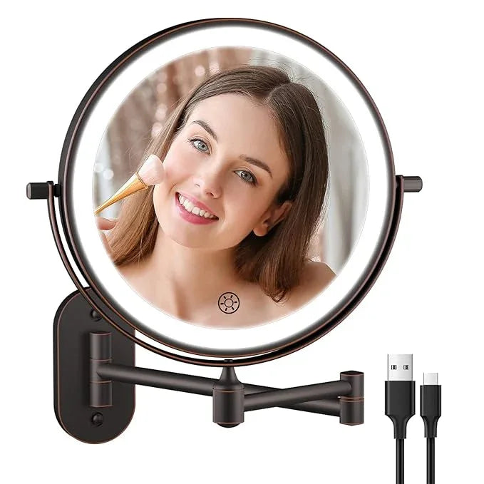 5000mAh Rechargeable Wall Mounted Lighted Makeup Vanity Mirror Double Sided 1X 30X Magnifying Bathroom Mirror, 3 Color Lighting, Touch Dimming, Extended Arm 360 Rotation Light up Mirror Antique Bronze - ModernBath