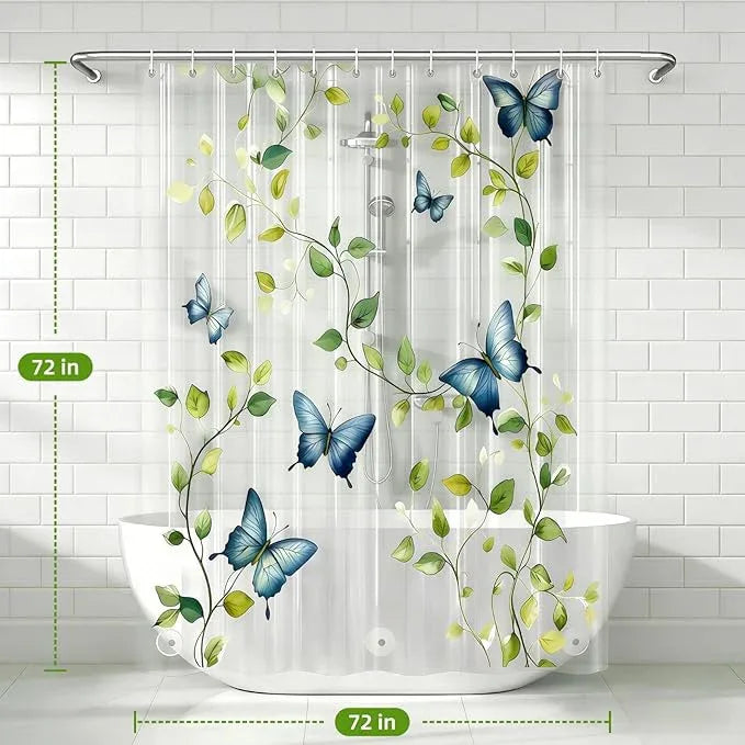 CAPQL Clear Green Vine Blue Butterfly Shower Curtain Liner, Plastic Transparent Green Plant Shower Curtains for Bathroom, 72x72 Weighted Magnetic Shower Curtain Set with 12 Hooks - ModernBath