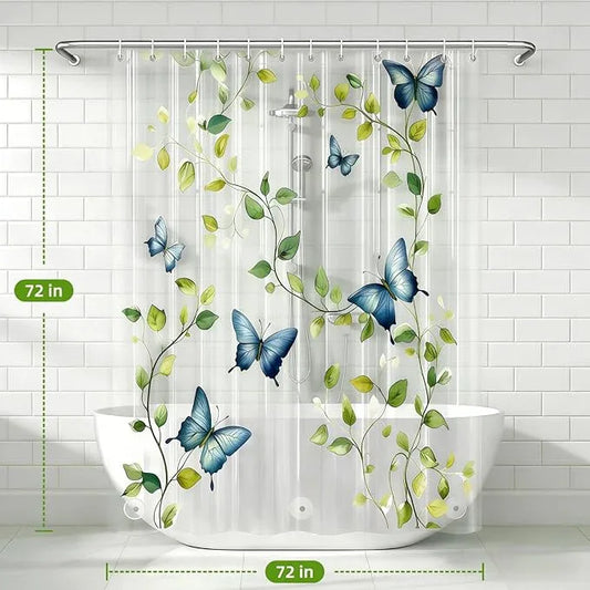 CAPQL Clear Green Vine Blue Butterfly Shower Curtain Liner, Plastic Transparent Green Plant Shower Curtains for Bathroom, 72x72 Weighted Magnetic Shower Curtain Set with 12 Hooks - ModernBath