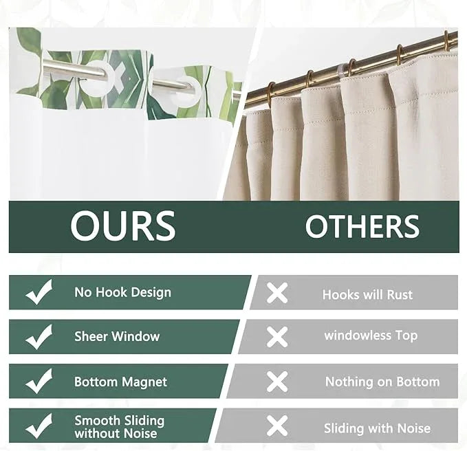 NAEMBCU No Hook Shower Curtain with Snap-in Liner, Tropical Green Watercolor Plant Bath Curtain with See Through Top, Waterproof Double Layer for Bathroom Decor, 71 x 74 Inch - ModernBath