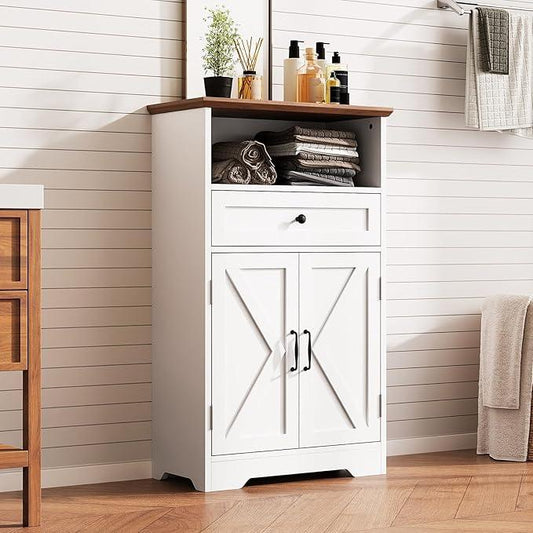 Floor Cabinet, Farmhouse Storage Cabinet with Barn Doors and Drawer, 11.81" D x 23.62" W x 39.37" H White Freestanding Adjustable Shelf Organizer for Bathroom, Kitchen, Living Room - ModernBath