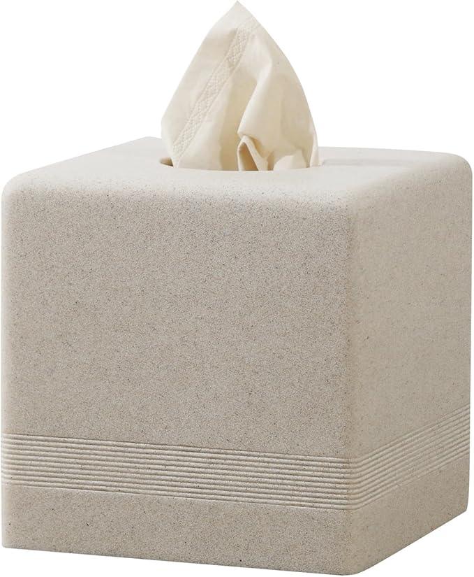 Haocoott Tissue Box Cover Square, Resin Facial Tissue Holder Covers Cube Toilet Paper Holder Case Dispenser Home Decorative for Bathroom Kitchen Bedroom Living Room Office (Beige) - ModernBath