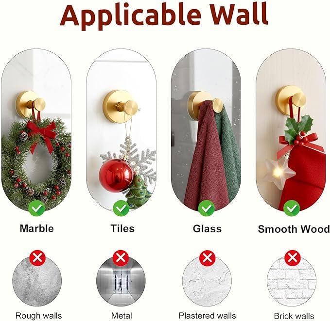 Upgraded Suction Cup Hooks for Door Wreaths, Heavy Duty Wreath Hangers for Front Door, Glass Window and Outdoor use, Strong Suction Vacuum Hook for Towels, Robes & Decorations(4 Pack, Gold) - ModernBath