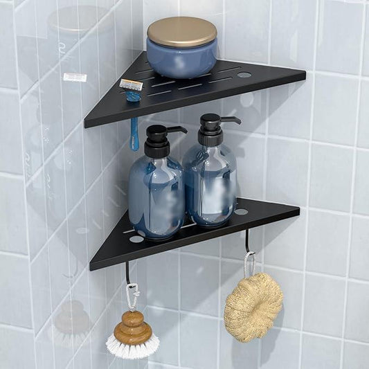 DAYONE Matte Black Corner Shower Shelf 2 Pack 10", Bathroom Corner Shower Organizer Shelf for Tiled Wall, SUS304 Stainless Steel Slot Design Recessed Organizer Shelves with 2 Hooks and 4 Holes - ModernBath