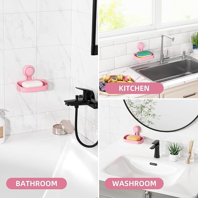 LEVERLOC Soap Dish Holder for Shower Suction Cup Wall Mounted Self Draining NO-Drilling Removable Bar Soap Sponge Holder for Bathroom Bathtub Kitchen Sink Waterproof Strong Vacuum Suction, Pink - ModernBath