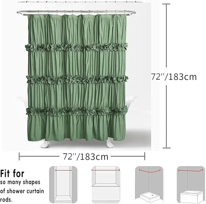 Homechoice Decor Light Green Ruffle Shower Curtain, Vintage Handcrafted Bow Tie Bath Curtain for Master Bathroom, Ruched Microfiber Bathroom Curtain with 12 Buttonholes, 72" W x 72" H (LQ-10) - ModernBath