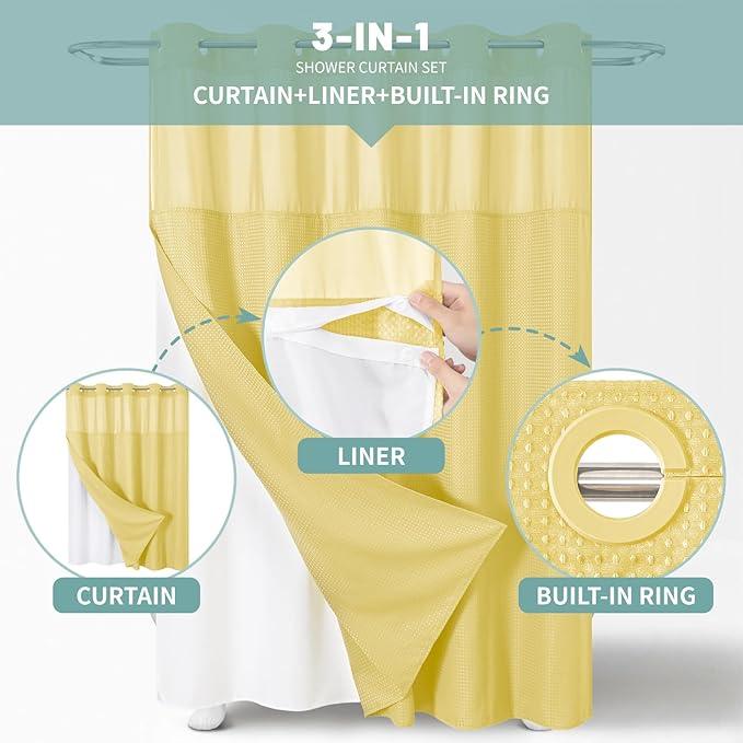eachope Yellow No Hook Waffle Weave Shower Curtain with snap-in Liner Replacement, 230GSM Waterproof Fabric Hotel Shower Curtain Set for Bathroom, Through Mesh Top Window,71Wx80H - ModernBath