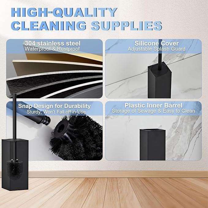 Toilet Brush and Holder Set, NEWRAIN Stainless Steel Toilet Brush with Long Brush Handle, Matte Black Toilet Scrubber and Covered Holder, Square Design Sturdy and Space Saving - ModernBath
