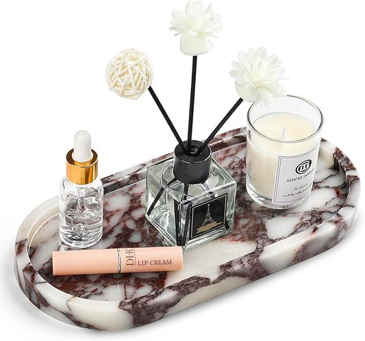 Natural Marble Vanity Tray - Moujings Genuine Marble Perfume Tray for Bathroom Decor, Stone Bathroom Vanity Organizer Tray for Kitchen Counter, Candles, Jewelry, Coffee, Makeup, Key - ModernBath