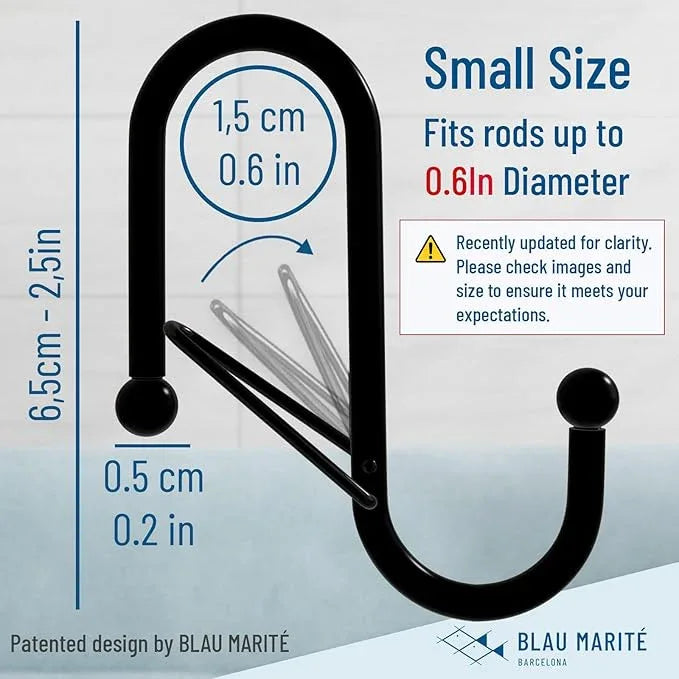Blau Marité 10-Pack Metal S Hooks for Hanging – Heavy-Duty S-Shaped Hook with Safety Buckle – Fits Bars up to 0.6 in – Anti-Drop Hooks for Kitchen, Pot Racks & Towel Bars – Black (Small) - ModernBath