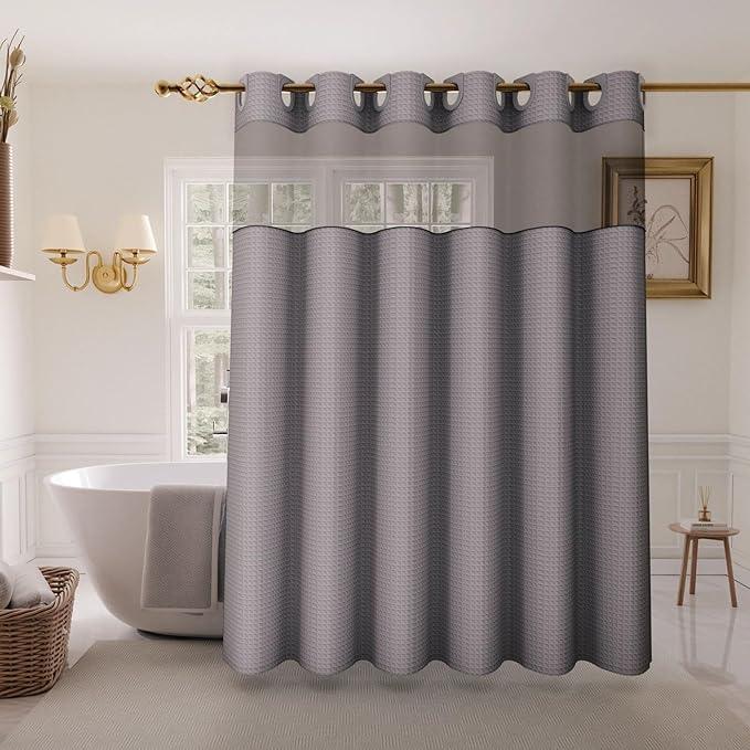 Inhousolu Extra Long No Hook Shower Curtain with Snap in Fabric Liner Set Waffle Weave 230GSM Weighted Hem, Waterproof & Washable Bathroom Curtain Spa Luxury with Mesh Top Window 72" W x 84" L Grey - ModernBath