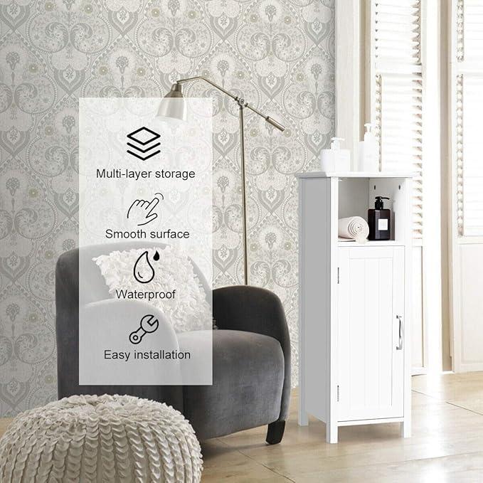 DORTALA Bathroom Floor Storage Cabinet w/Single Door Adjustable Shelf, Bathroom Storage Organizer Toiletries, Suitable for Kitchen, Bathroom, Living Room (White) - ModernBath
