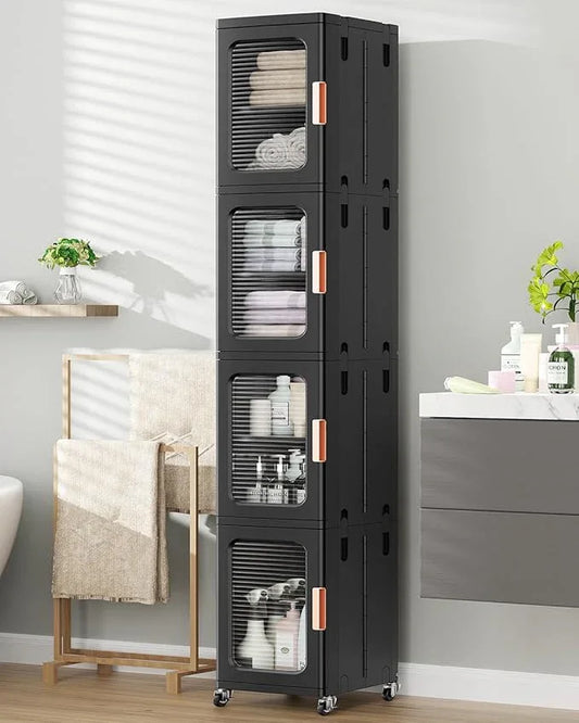 BROVIEW 4-Tier Tall Narrow Storage Cabinet Organizer, Slim Bathroom Cabinets with Adjustable Shelves and Doors, Plastic Kitchen Pantry Organizers and Storages for Small Space, Laundry, Black - ModernBath