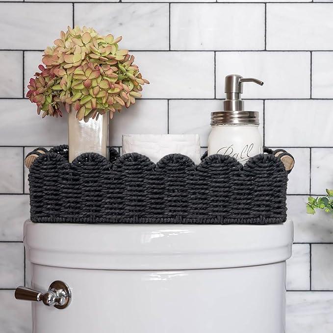 CubesLand Toilet Paper Storage Basket Scalloped Edge Home Decor Basket, Living Room Cozy Decor, Paper Rope Small Baskets for Over Toilet Storage Shelf, End Table, Shelves, with 2 Wooden Handles, Black - ModernBath