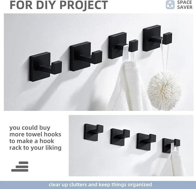 Angle Simple Matte Black Towel Hooks for Bathroom, SUS 304 Stainless Steel Square Wall Coat Hooks, 2 Pack - ModernBath
