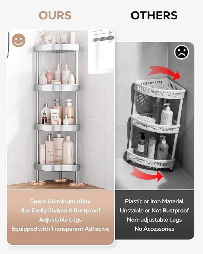Nieifi Corner Shower Caddy Stand-4 Tier Rustproof Anodized Aluminum Standing Shower Organizer-Shower Caddy Corner-Dual Stability to Anti-Shaking-Height-Adjustable Legs for Uneven Surfaces-Silver - ModernBath