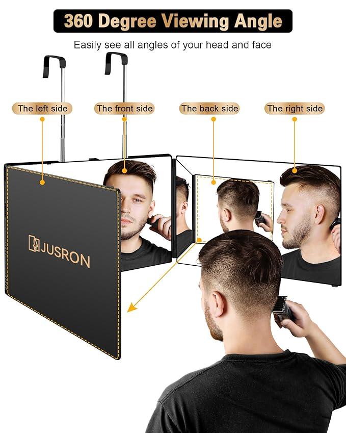 JUSRON 360 Viewing Angle Self Hair Cutting Mirror, Clear Anti-Fog HD Glass (Black Without LED Without Accessories) - ModernBath