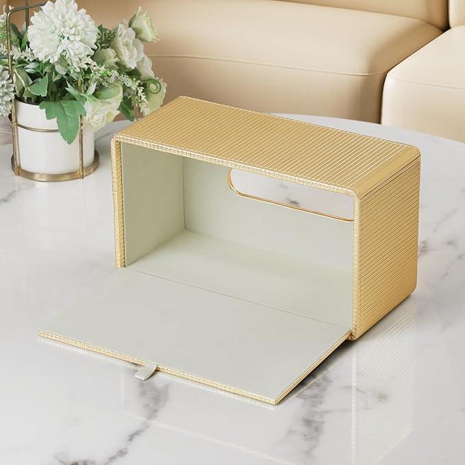 Cretkhp Gold Tissue Box Cover Rectangle with Magnetic Closure, PU Leather Tissue Box Holder for Bathroom NightStands Livingroom, Decorative Tissue Holder for 120(3-Ply)/160(2-Ply) Tissue Box (Gold) - ModernBath