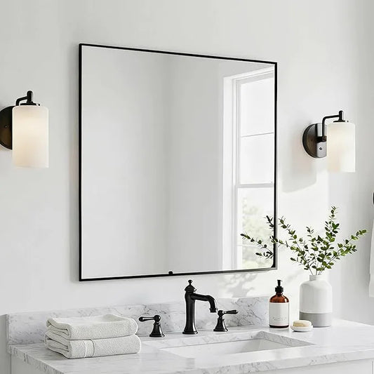 LEDLUX 28x28 Inch Black Bathroom Mirror, Copper-Free Aluminum Alloy Frame Vanity Mirror, Rectangle Wall Mounted Modern Mirror for Bedroom/Living Room/Porch Horizontal or Vertical - ModernBath