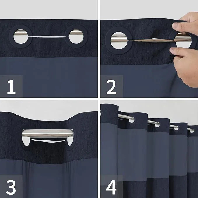 eachope Extra Long No Hooks Needed Linen Textured Shower Curtain with Snap-in Fabric Liner Set,White Hotel Luxury Decor Shower Curtains for Bathroom,Waterproof & Washable,71Wx86H,Navy Blue - ModernBath