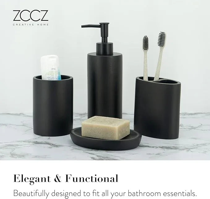 ZCCZ Grey Bathroom Accessory Sets, 4 Pieces Bathroom Accessories Complete Set Vanity Countertop Accessory Set, Includes Lotion Dispenser Soap Pump, Tumbler, Toothbrush Holder and Tray - ModernBath