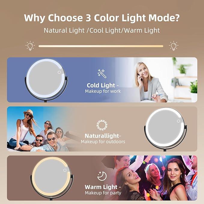 FRANO Makeup Mirror with Lights, 8" Double Sided 1x/10x Magnifying Vanity Mirror with 3 Color Lights, Rechargeable, 360° Rotation and Adjustable Height, Gift for Women Her - ModernBath