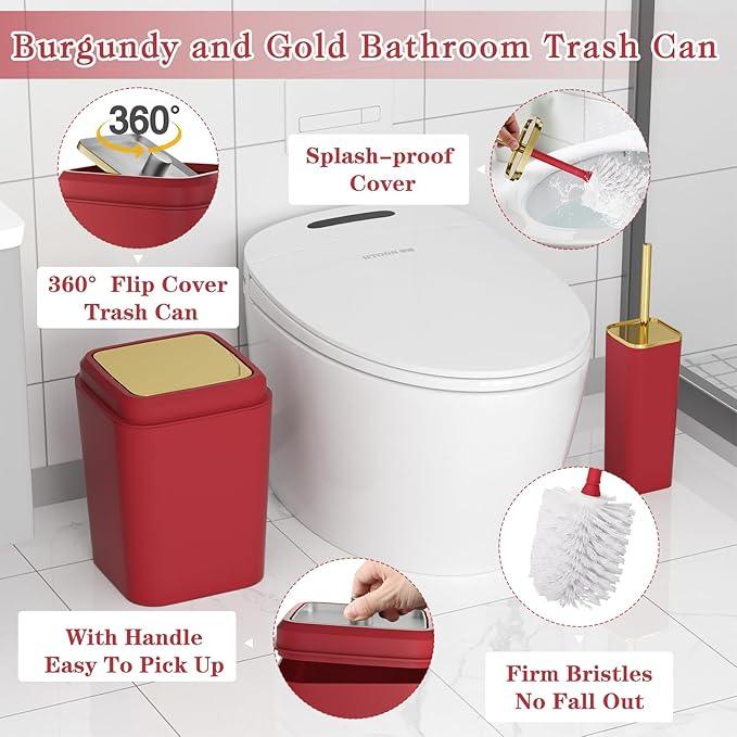 XLHOMO Dark Red Bathroom Accessory Set, 9-Piece Burgundy Bathroom Set with Trash Can, Toothbrush Holder, Toothbrush Cup,Soap Dispenser,Soap Dish,Toilet Brush Holder,2 Qtip Holder Dispensers and Tray - ModernBath
