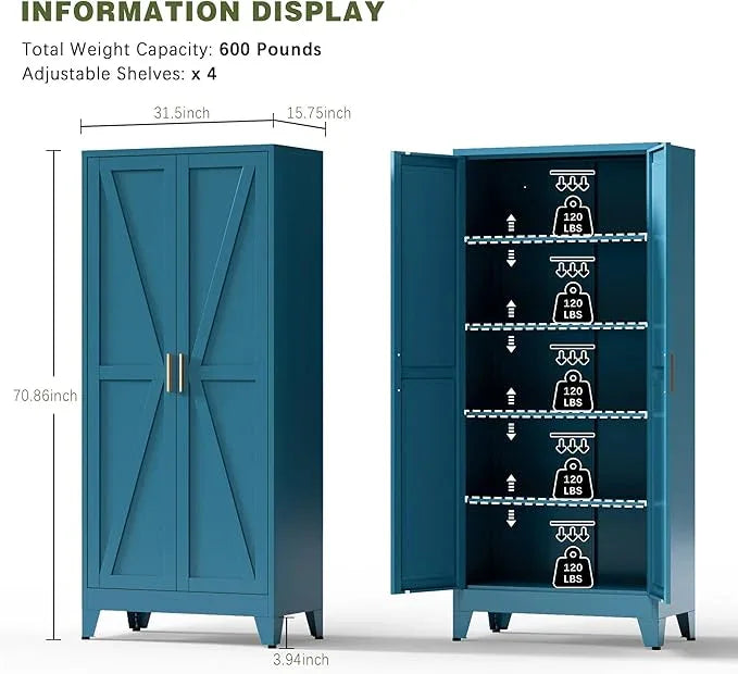 COFaR Home Farmhouse Storage Cabinet with Barn Door, Tall Kitchen Pantry Cupboard with Adjustable Shelves, for Dining Room, Bathroom, Living Room Blue. - ModernBath