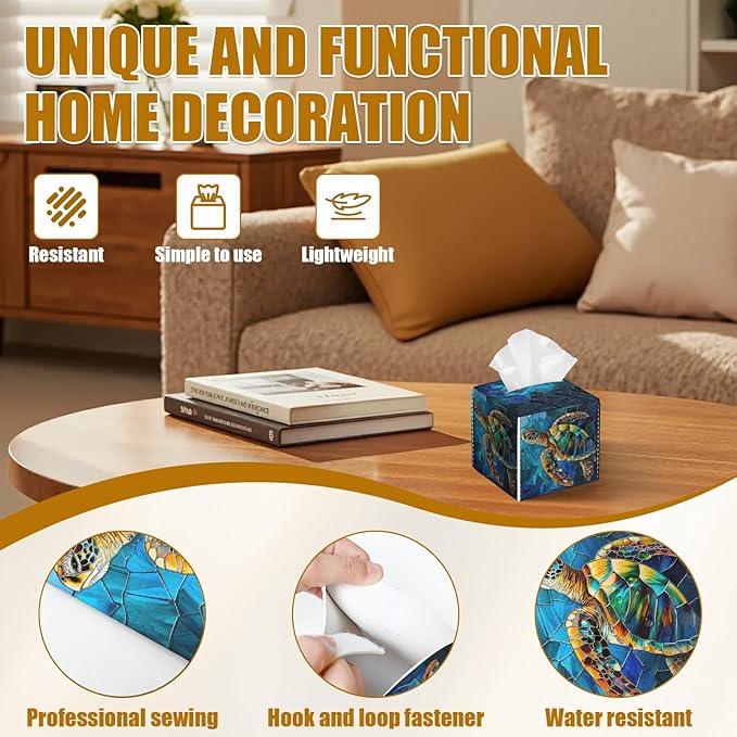 Glass Sea Turtle Tissue Box Cover 2PCS, Leather Tissue Box Holder Square Facial Paper Case Tissue Box Cube Organizer for Bathroom Bedroom Desk Office - ModernBath