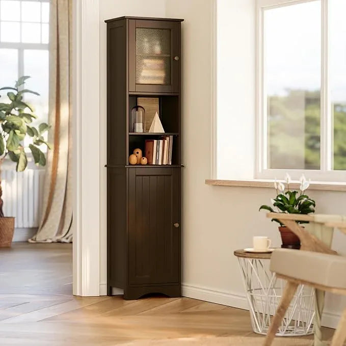 Gizoon Tall Bathroom Storage Tower, Freestanding Linen Cabinet with Two-Way Doors, Adjustable Shelves, Anti-Tip Floor Cabinet, for Home, Kitchen, Living Room, Dark Brown - ModernBath