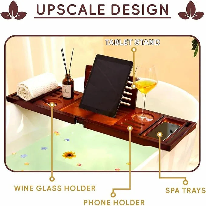 Premium Foldable Bamboo Bathtub Tray Caddy, Expandable Bath Caddy Tray with Holder, Brown Bath Shelf Over Tub, Spa Bathroom Accessories & Gifts for Home - ModernBath