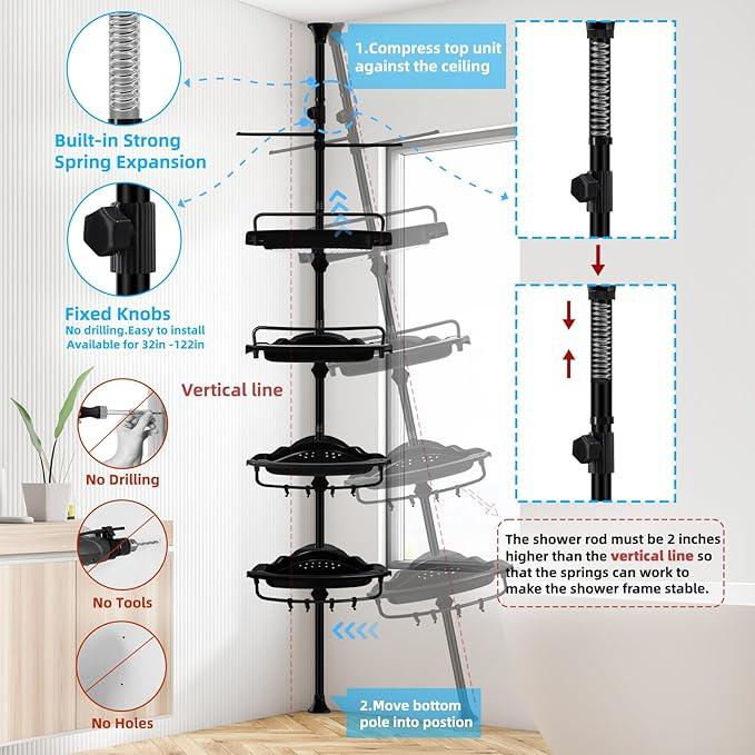 32-122inch Corner Shower Caddy Tension Pole with Shower Curtain, Rustproof Drill-Free Adjustable Shower Shelves for Bathroom Bathtub Washbasin, with 4 Tier Patent Stable Shelves & Towel Bars - ModernBath