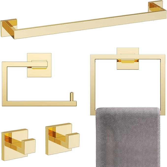 YACVCL 5-Piece Bathroom Hardware Accessories Set 23.6 inch Towel Bar Set Modern Towel Rack Set Stainless Steel Wall Mounted Bathroom Towel Holder Set(Bright Gold) - ModernBath